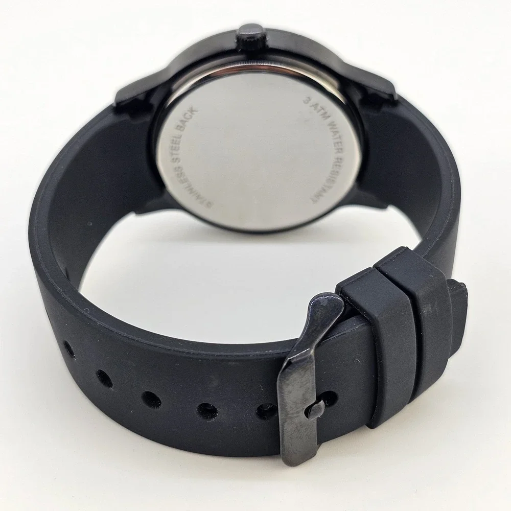 Men's Analog Watch 45MM Black Dial Black Plastic Bands New Battery